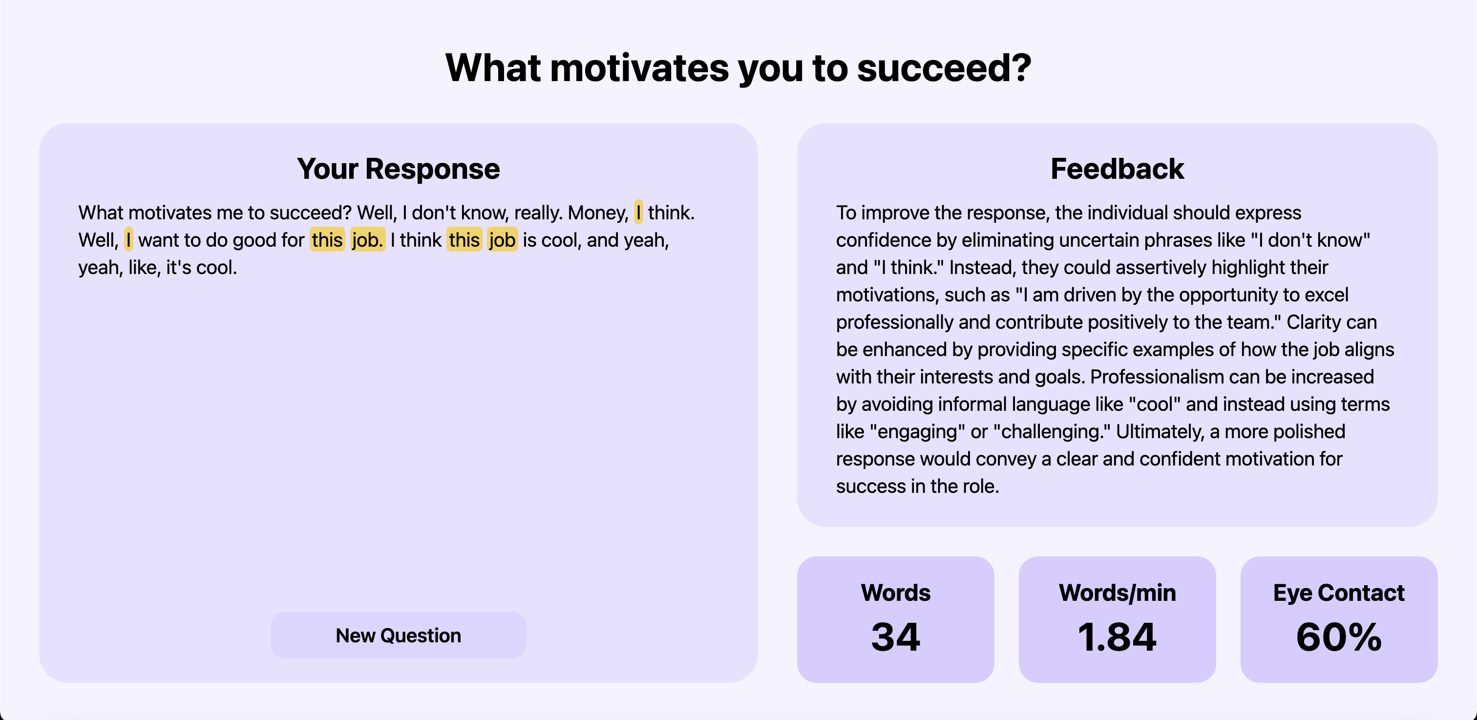 Summary page with feedback and metrics